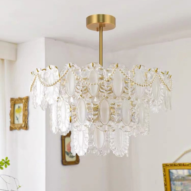 European Vintage Style Luxury Elegant Cream White Chandelier/Ceiling Light Fixture with White Pearl Chains for Living Room Bedroom Restaurant Dining Room