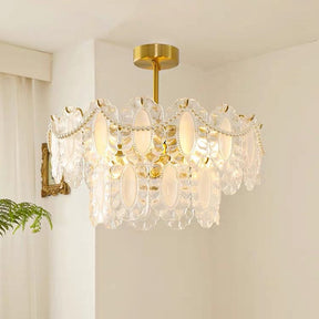 European Vintage Style Luxury Elegant Cream White Chandelier/Ceiling Light Fixture with White Pearl Chains for Living Room Bedroom Restaurant Dining Room