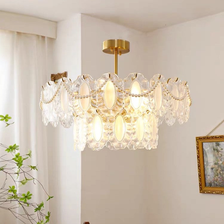 European Vintage Style Luxury Elegant Cream White Chandelier/Ceiling Light Fixture with White Pearl Chains for Living Room Bedroom Restaurant Dining Room