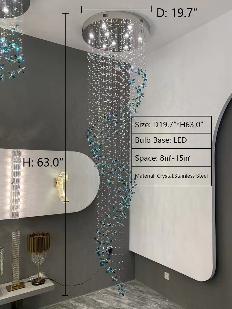 D19.7"*H63.0" chandelier,chandeliers,chain,ceiling,flower,tassel,tiers,spiral,stairs,living room,foyer,spiral staircase,light luxury,luxury,colorful,long,length,large,oversize,extra large,big