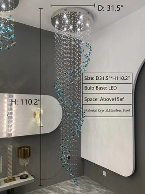 D31.5"*H110.2" chandelier,chandeliers,chain,ceiling,flower,tassel,tiers,spiral,stairs,living room,foyer,spiral staircase,light luxury,luxury,colorful,long,length,large,oversize,extra large,big