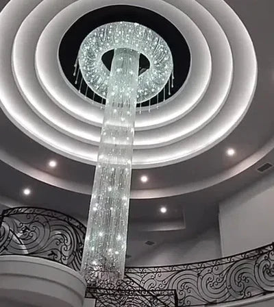 Extra Large Flush Mount Silver Waterfall Luxury Ceiling Crystal Chandelier for High-ceiling Living Room/Duplex Hall