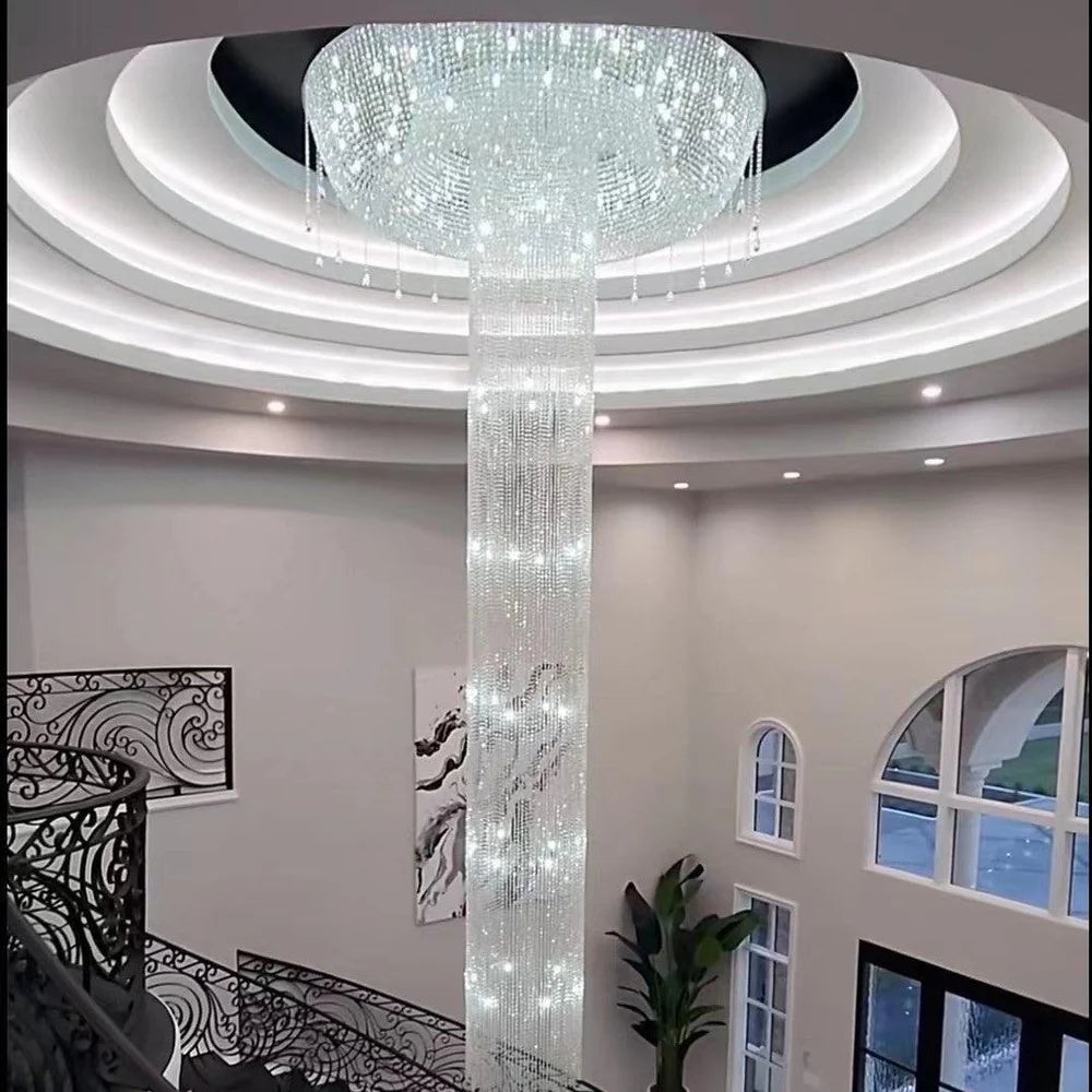 Extra Large Flush Mount Silver Waterfall Luxury Ceiling Crystal Chandelier for High-ceiling Living Room/Duplex Hall