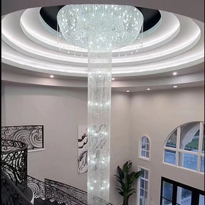 Extra Large Flush Mount Silver Waterfall Luxury Ceiling Crystal Chandelier for High-ceiling Living Room/Duplex Hall