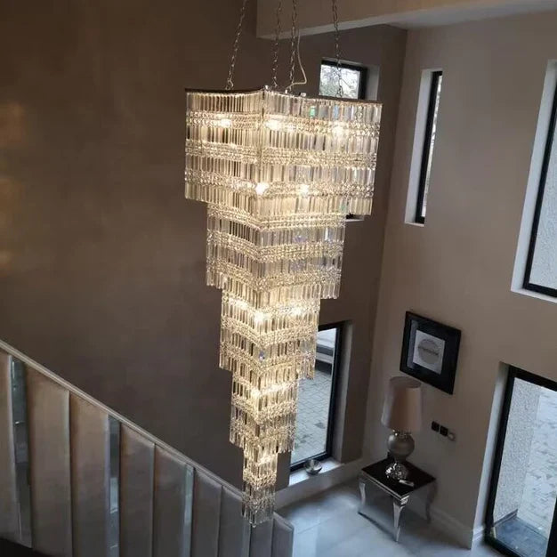 Extra Large Foyer Vertical Layers K9 Crystal Chandelier Chrome Ceiling Lighting Fixture For Staircase Entryway Decor