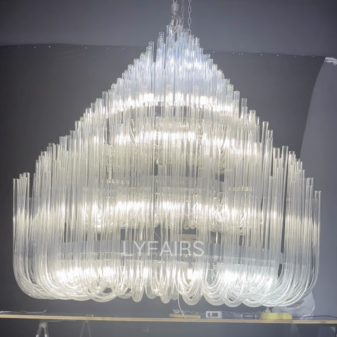 Extra Large Modern Tiers Clear Glass Tubes Chandelier for Living Room/Hotel Lobby