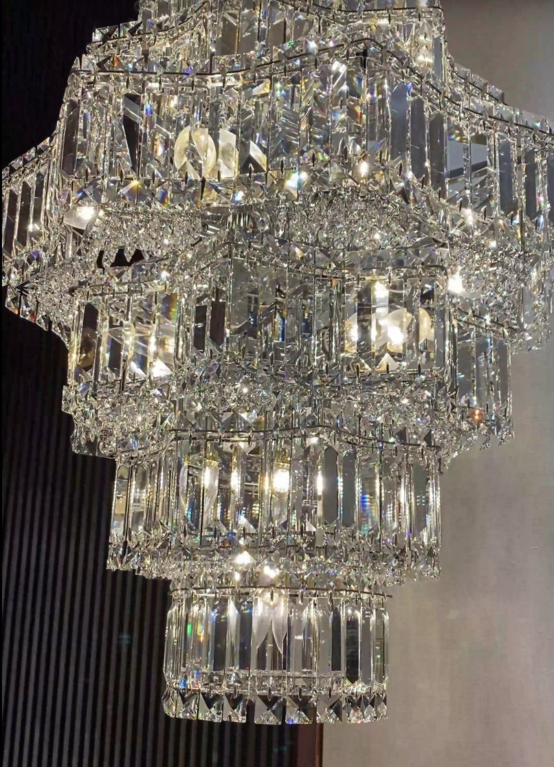 Extra Large Plaza Hall  Multi-Tier Crystal Chandelier Foyer Living Room Staircase Ceiling Lighting Fixture  In Chrome/ Silver Finish