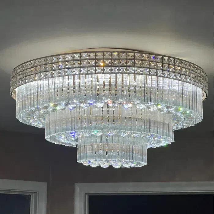 Extra Large Three Layers Round Luxury Flush Mounted Crystal Chandelier for Living Room