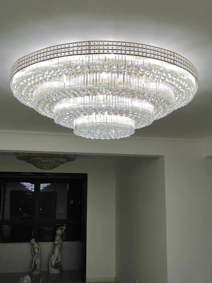 Extra Large Three Layers Round Luxury Flush Mounted Crystal Chandelier for Living Room
