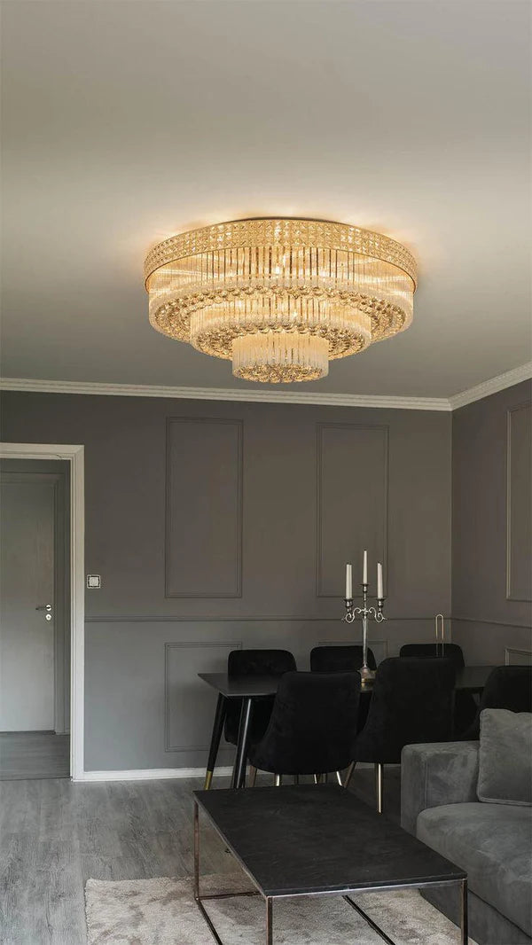 Extra Large Three Layers Round Luxury Flush Mounted Crystal Chandelier for Living Room