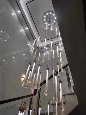 Foyer Glass Drops Pendant Chandelier Spiral Staircase High Ceiling Light Fixture In Gold Finish