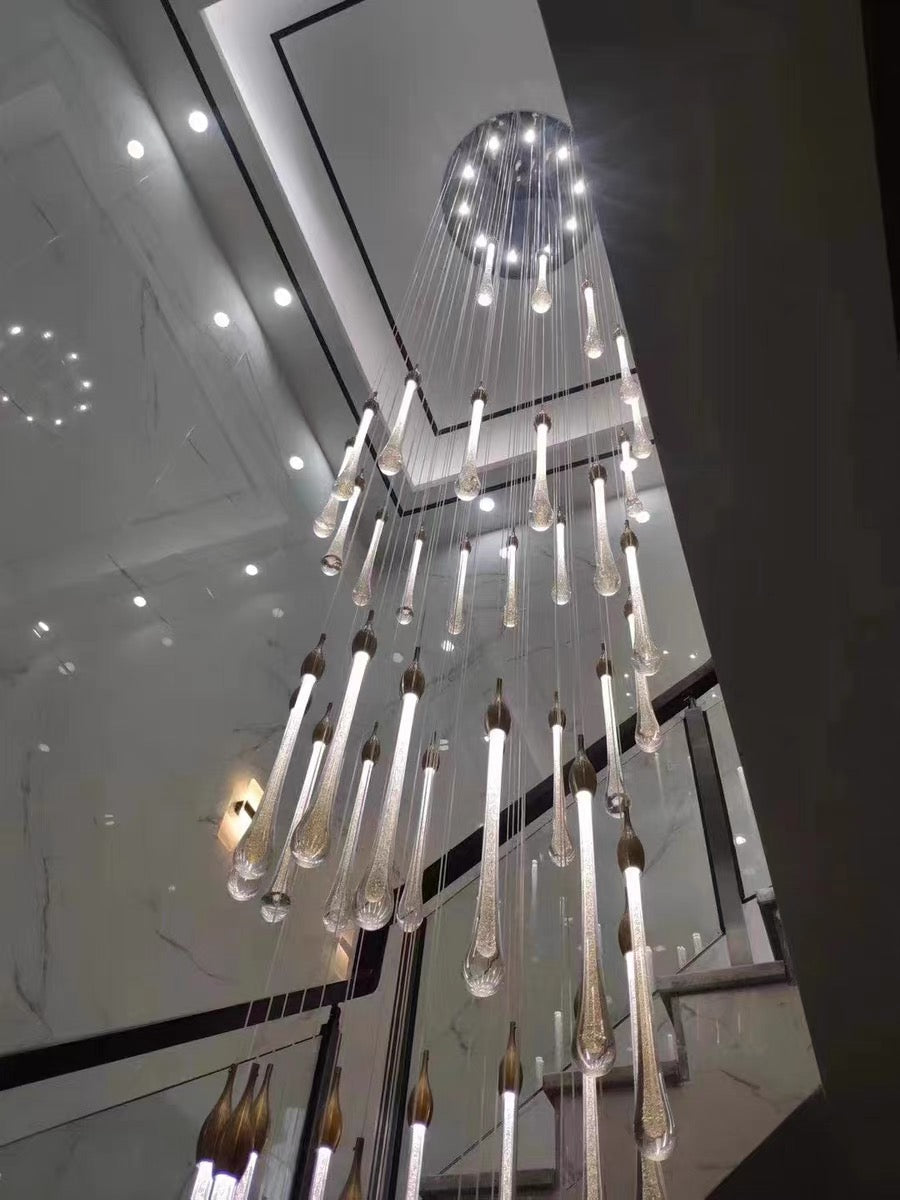 Foyer Glass Drops Pendant Chandelier Spiral Staircase High Ceiling Light Fixture In Gold Finish