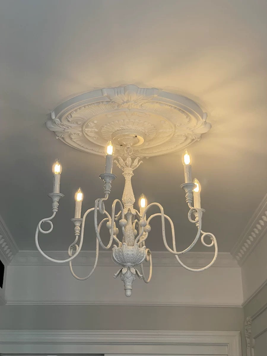 French Village Country Style White Rustic Iron Art Chandelier 6 Lights for Living Room Ceiling Light on Budget 