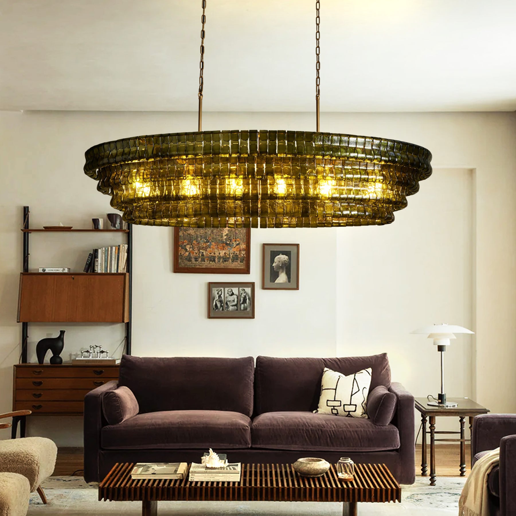 Ghiaccio Glass Oval Chandelier 54''65''-Chandelier-Merlin Lamps-65″ W-Green-Brass-merlinlamps