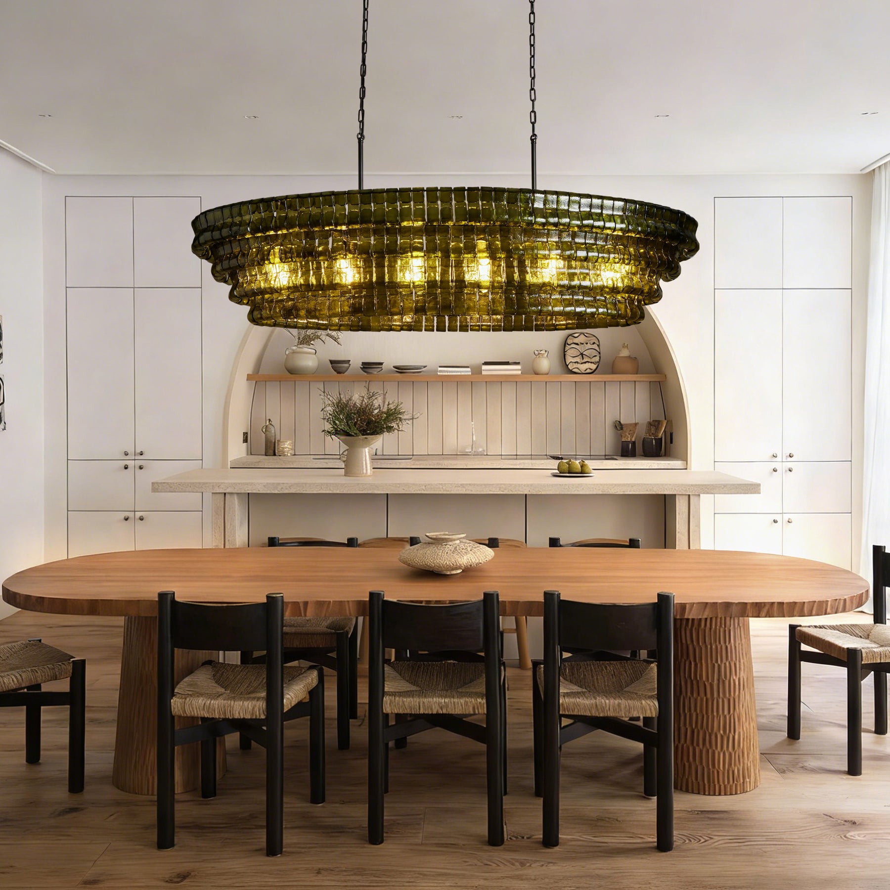 Ghiaccio Glass Oval Chandelier 54''65''-Chandelier-Merlin Lamps-65″ W-Green-Matte Black-merlinlamps