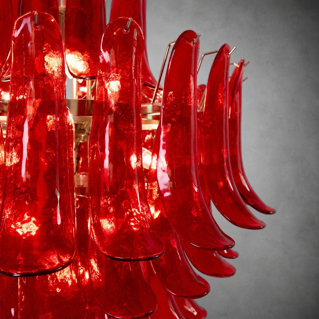 Chandelier  Glass Crimson Cascade Hand-Blown Murano-Style Seven-Tier Chrome