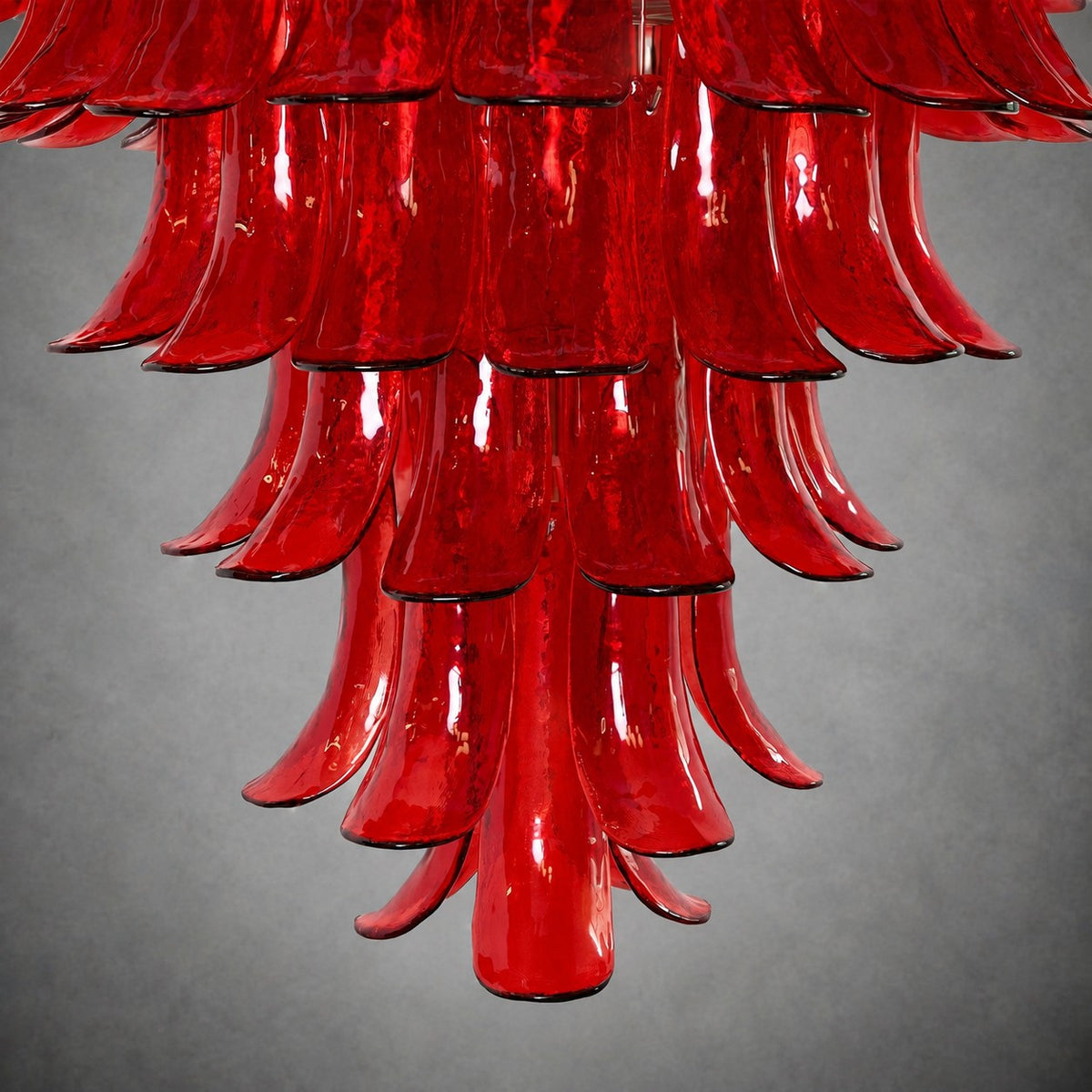 Chandelier  Glass Crimson Cascade Hand-Blown Murano-Style Seven-Tier Chrome