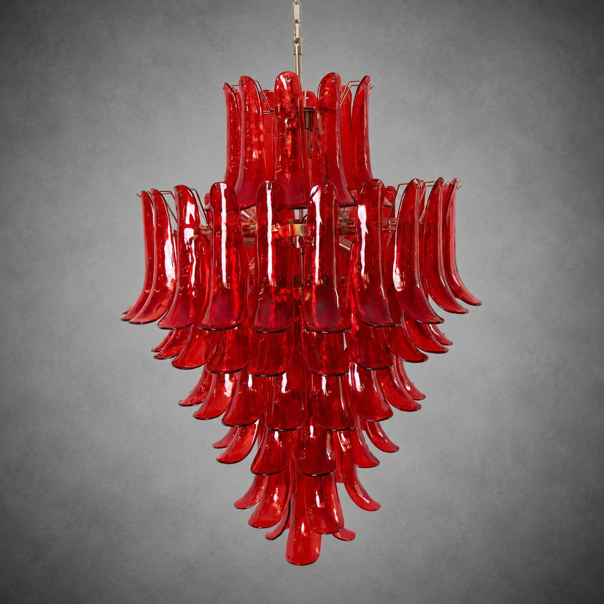 Chandelier  Glass Crimson Cascade Hand-Blown Murano-Style Seven-Tier Chrome