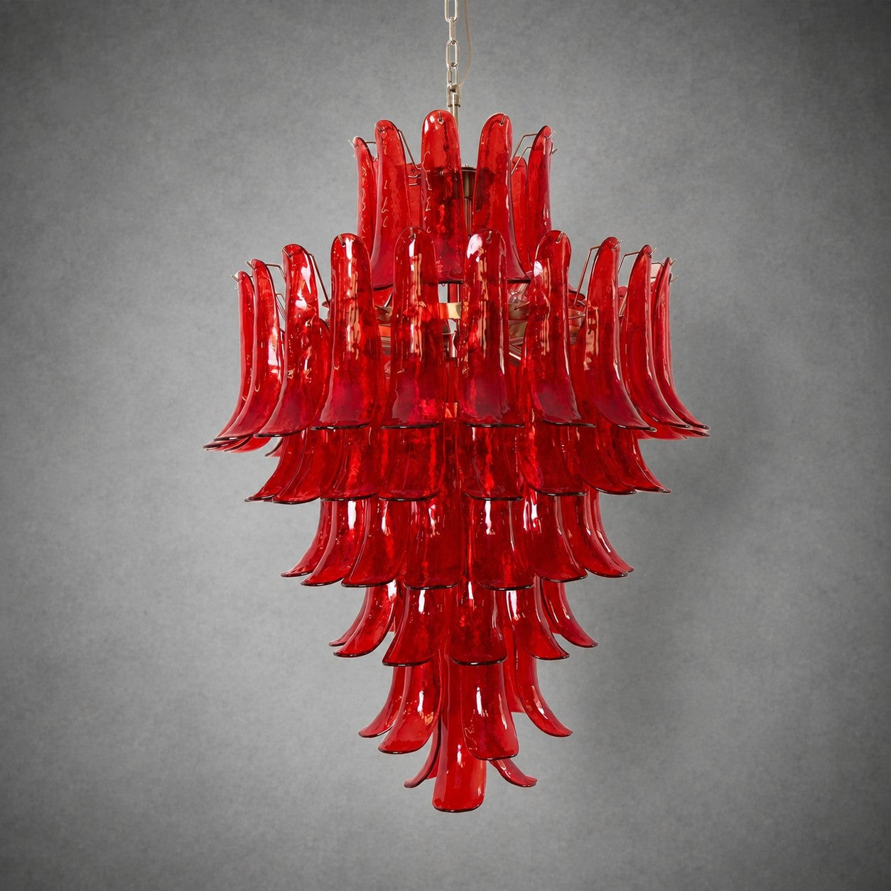 Chandelier  Glass Crimson Cascade Hand-Blown Murano-Style Seven-Tier Chrome