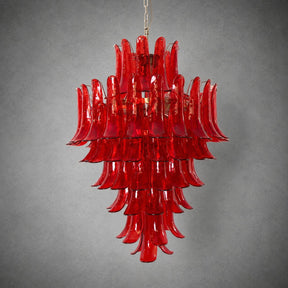 Chandelier  Glass Crimson Cascade Hand-Blown Murano-Style Seven-Tier Chrome