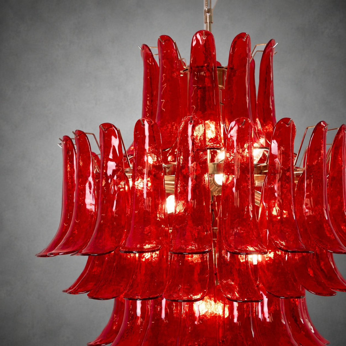 Chandelier  Glass Crimson Cascade Hand-Blown Murano-Style Seven-Tier Chrome