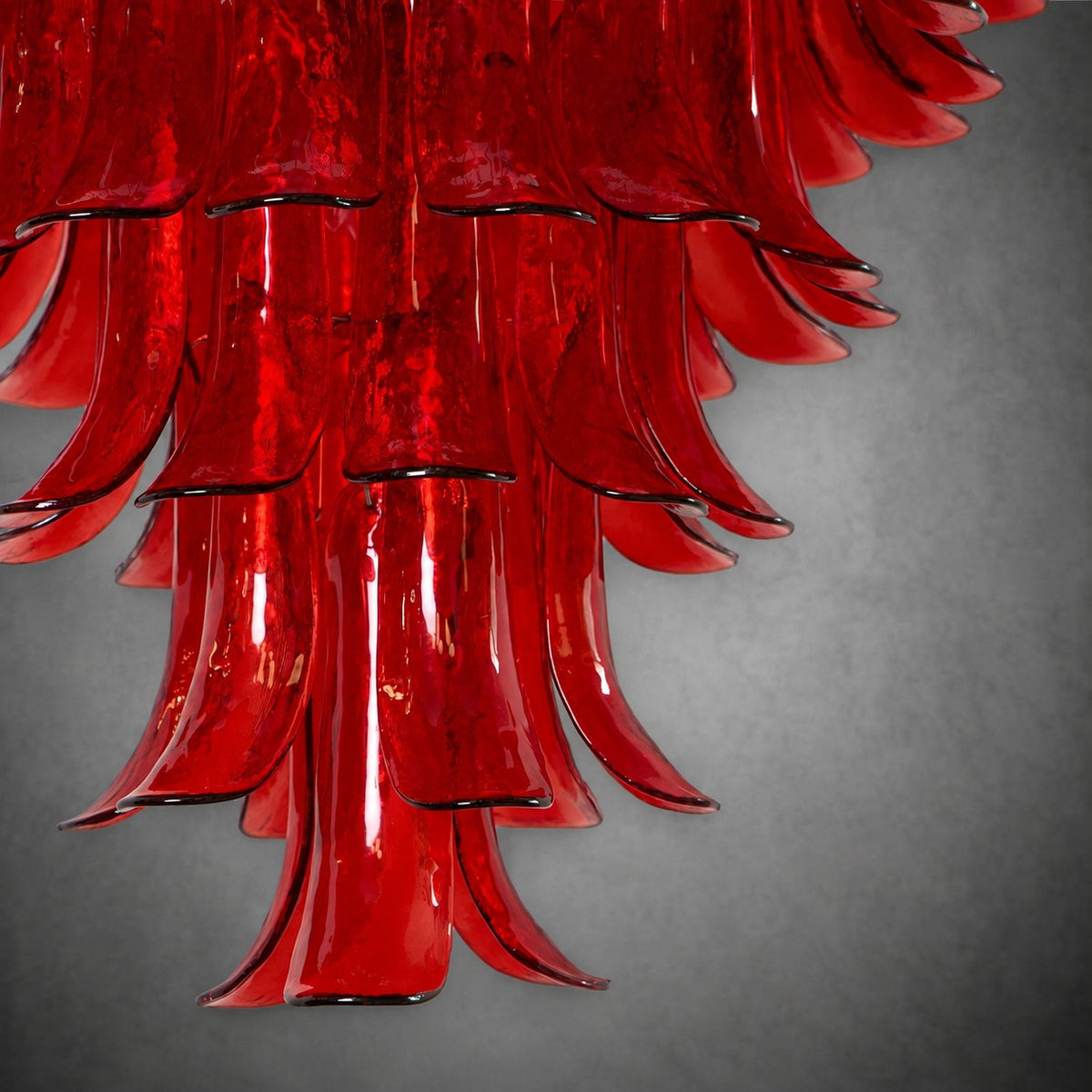 Chandelier  Glass Crimson Cascade Hand-Blown Murano-Style Seven-Tier Chrome