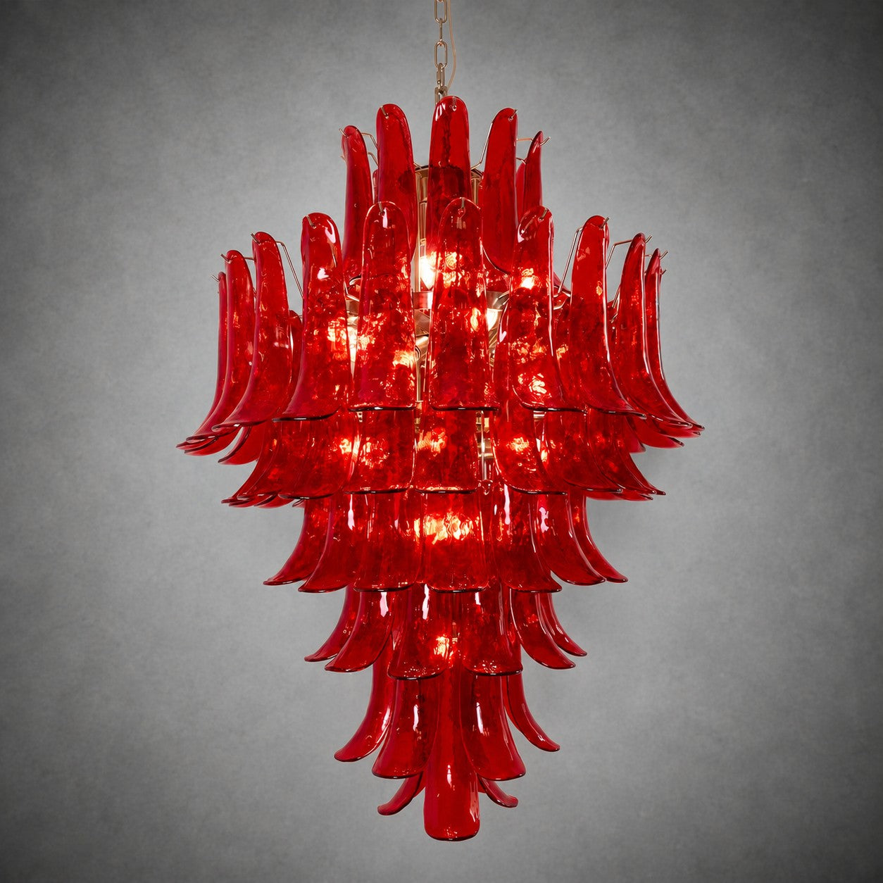 Chandelier  Glass Crimson Cascade Hand-Blown Murano-Style Seven-Tier Chrome