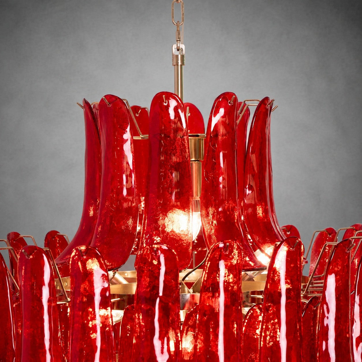 Chandelier  Glass Crimson Cascade Hand-Blown Murano-Style Seven-Tier Chrome
