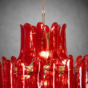 Chandelier  Glass Crimson Cascade Hand-Blown Murano-Style Seven-Tier Chrome