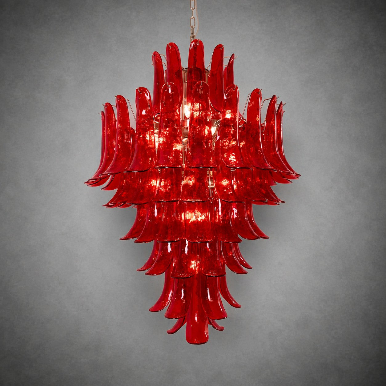 Chandelier  Glass Crimson Cascade Hand-Blown Murano-Style Seven-Tier Chrome