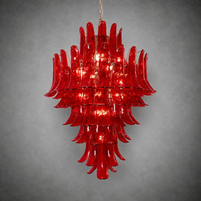 Chandelier  Glass Crimson Cascade Hand-Blown Murano-Style Seven-Tier Chrome