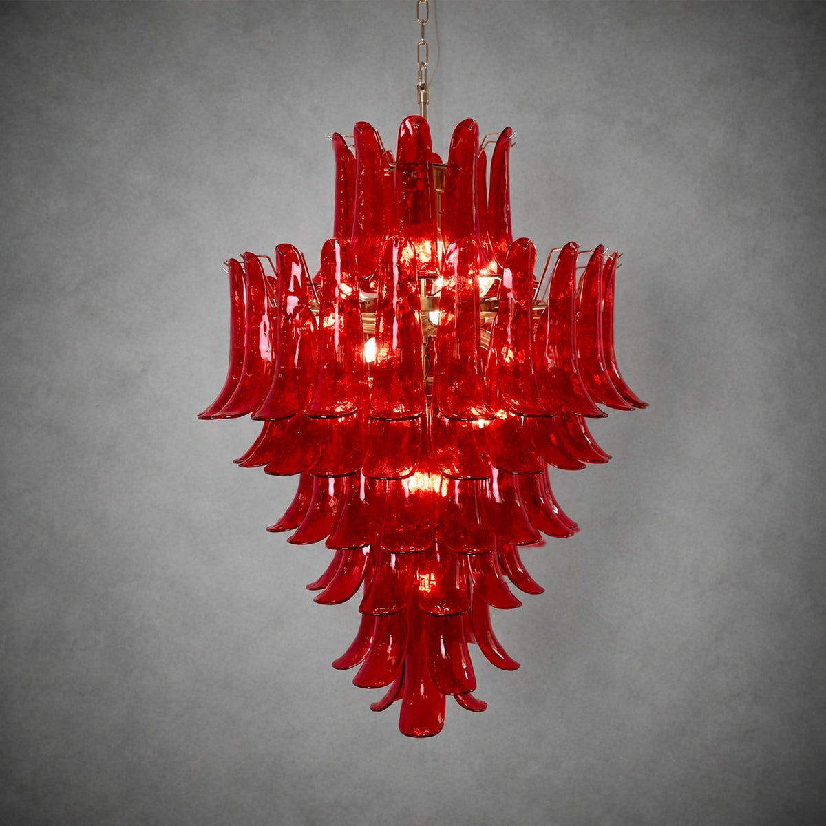 Chandelier  Glass Crimson Cascade Hand-Blown Murano-Style Seven-Tier Chrome