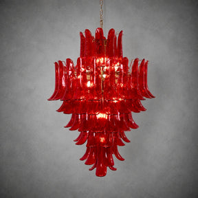 Chandelier  Glass Crimson Cascade Hand-Blown Murano-Style Seven-Tier Chrome