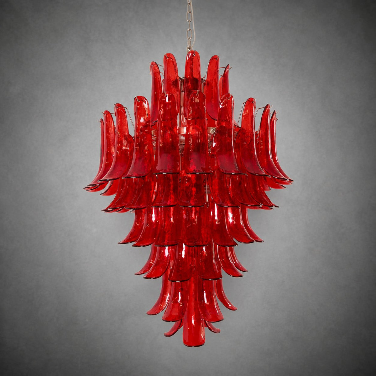 Chandelier  Glass Crimson Cascade Hand-Blown Murano-Style Seven-Tier Chrome