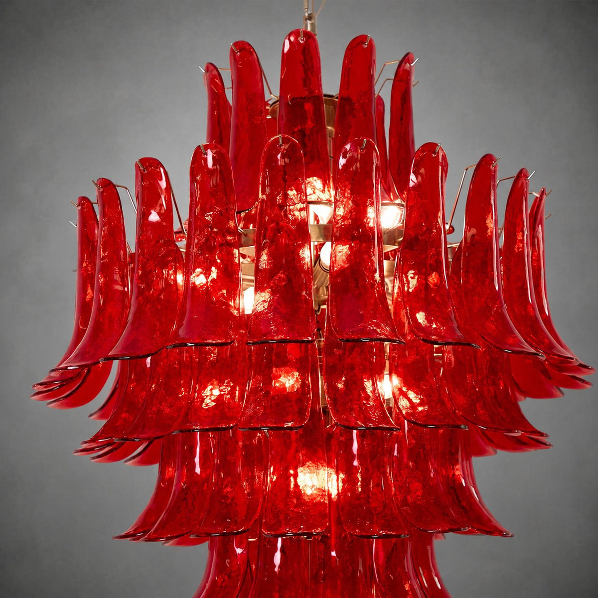 Chandelier  Glass Crimson Cascade Hand-Blown Murano-Style Seven-Tier Chrome