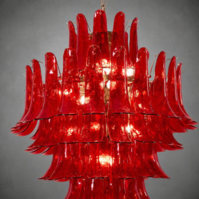 Chandelier  Glass Crimson Cascade Hand-Blown Murano-Style Seven-Tier Chrome