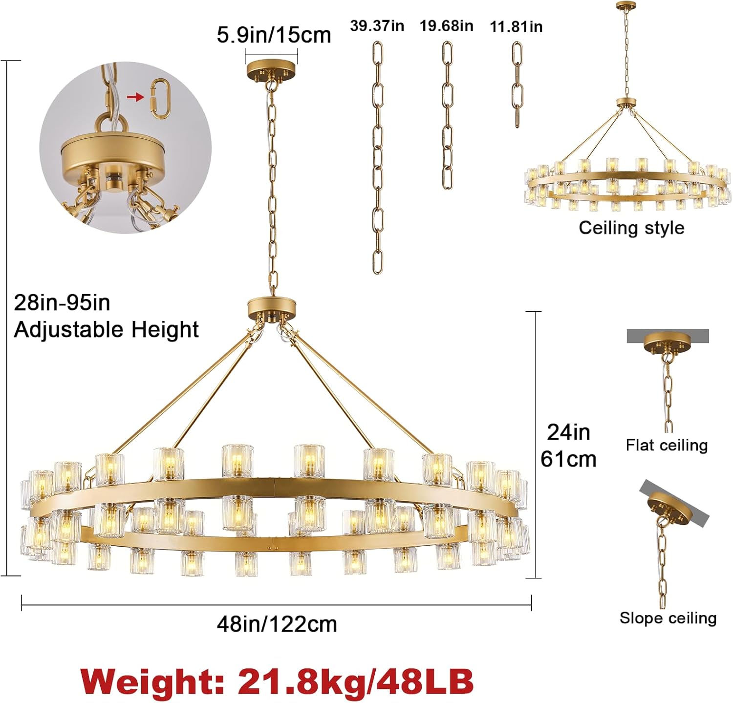 Gold 48‑Inch Wagon Wheel Chandelier with 48 Crystal Lights
