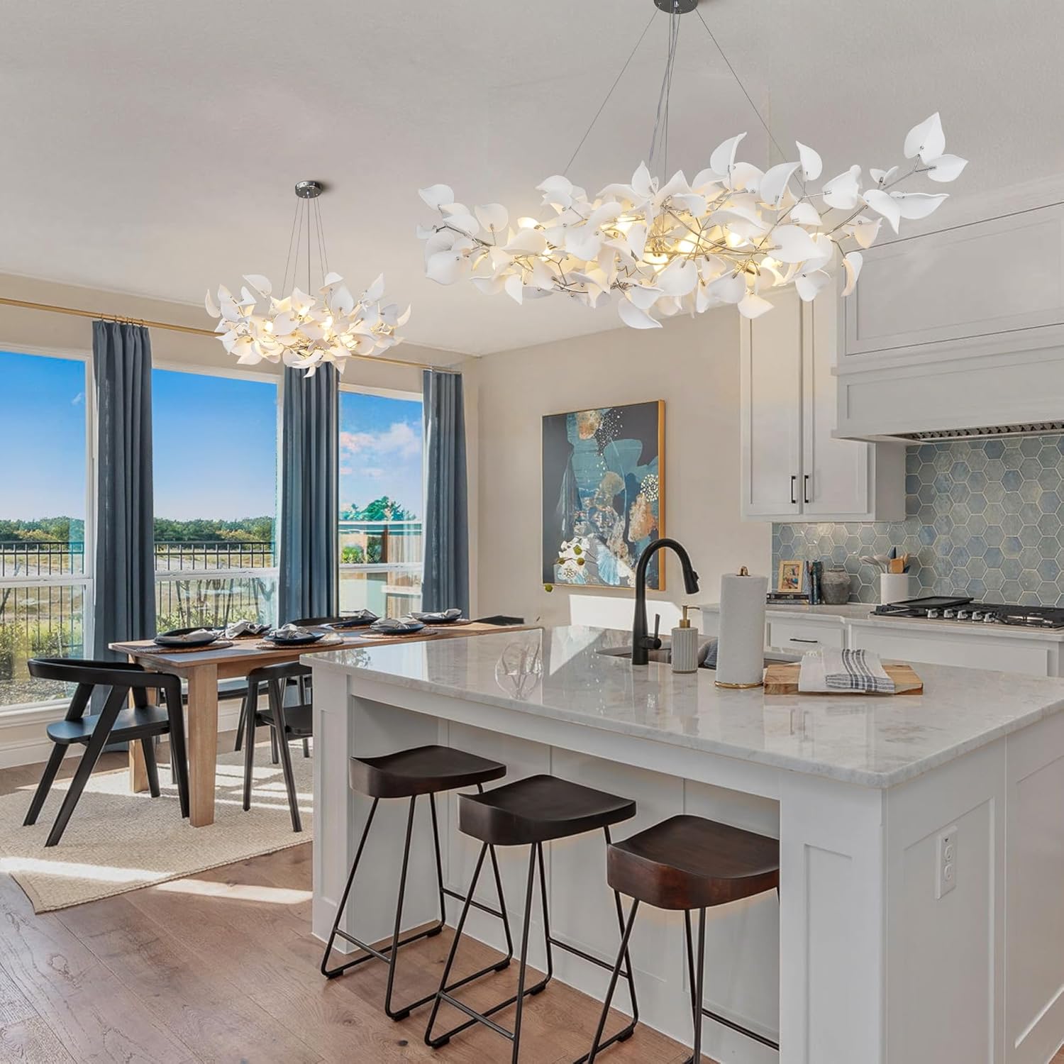 Gold Ceramic Leaf Chandelier 31.5" 6-Light Modern Round Fixture