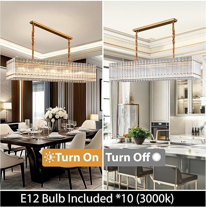 Gold Chandeliers for Dining Room,55''Kitchen Island Lighting, Rectangular Water Ripple Glass Chandeliers