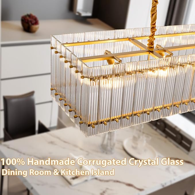 Gold Chandeliers for Dining Room,55''Kitchen Island Lighting, Rectangular Water Ripple Glass Chandeliers