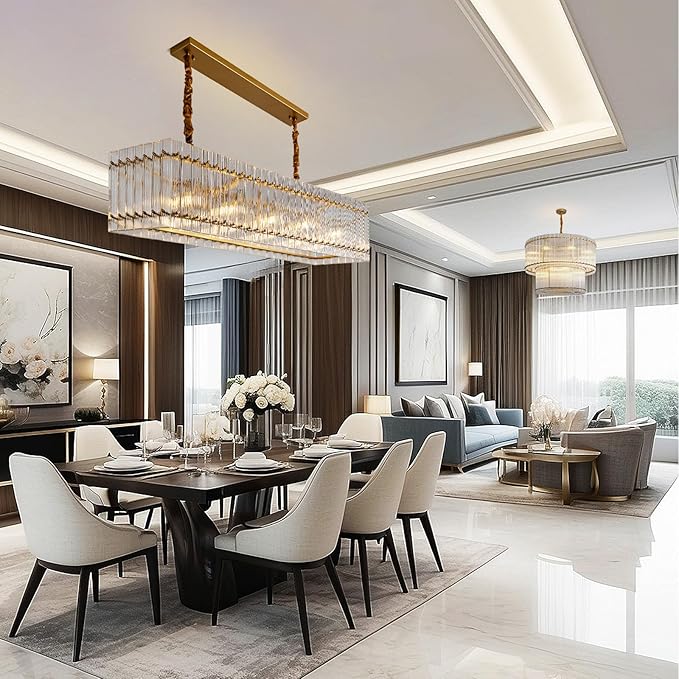 Gold Chandeliers for Dining Room,55''Kitchen Island Lighting, Rectangular Water Ripple Glass Chandeliers