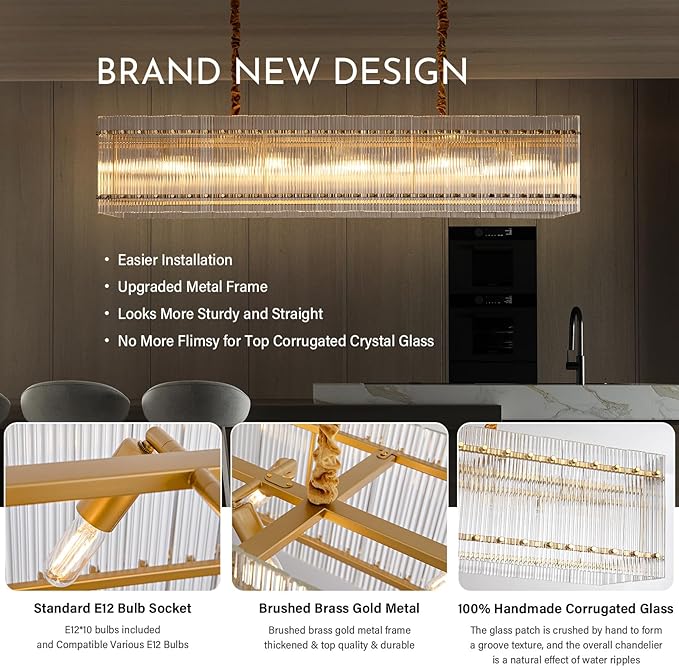 Gold Chandeliers for Dining Room,55''Kitchen Island Lighting, Rectangular Water Ripple Glass Chandeliers