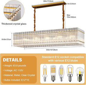 Gold Chandeliers for Dining Room,55''Kitchen Island Lighting, Rectangular Water Ripple Glass Chandeliers