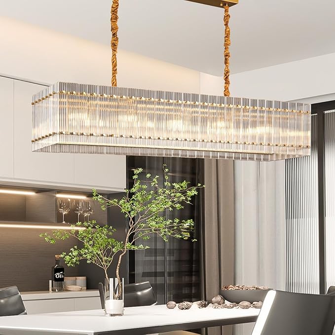 Gold Chandeliers for Dining Room,55''Kitchen Island Lighting, Rectangular Water Ripple Glass Chandeliers