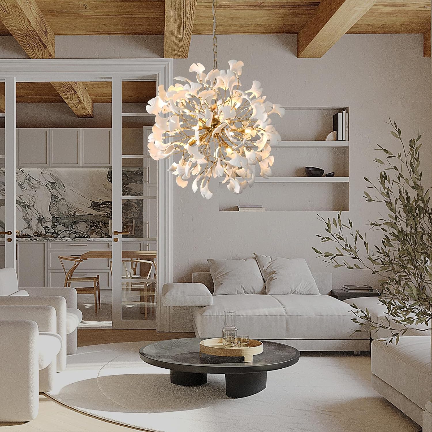 Gold Tree Branches 31" Sputnik Ginkgo Leaf Ceiling Chandelier