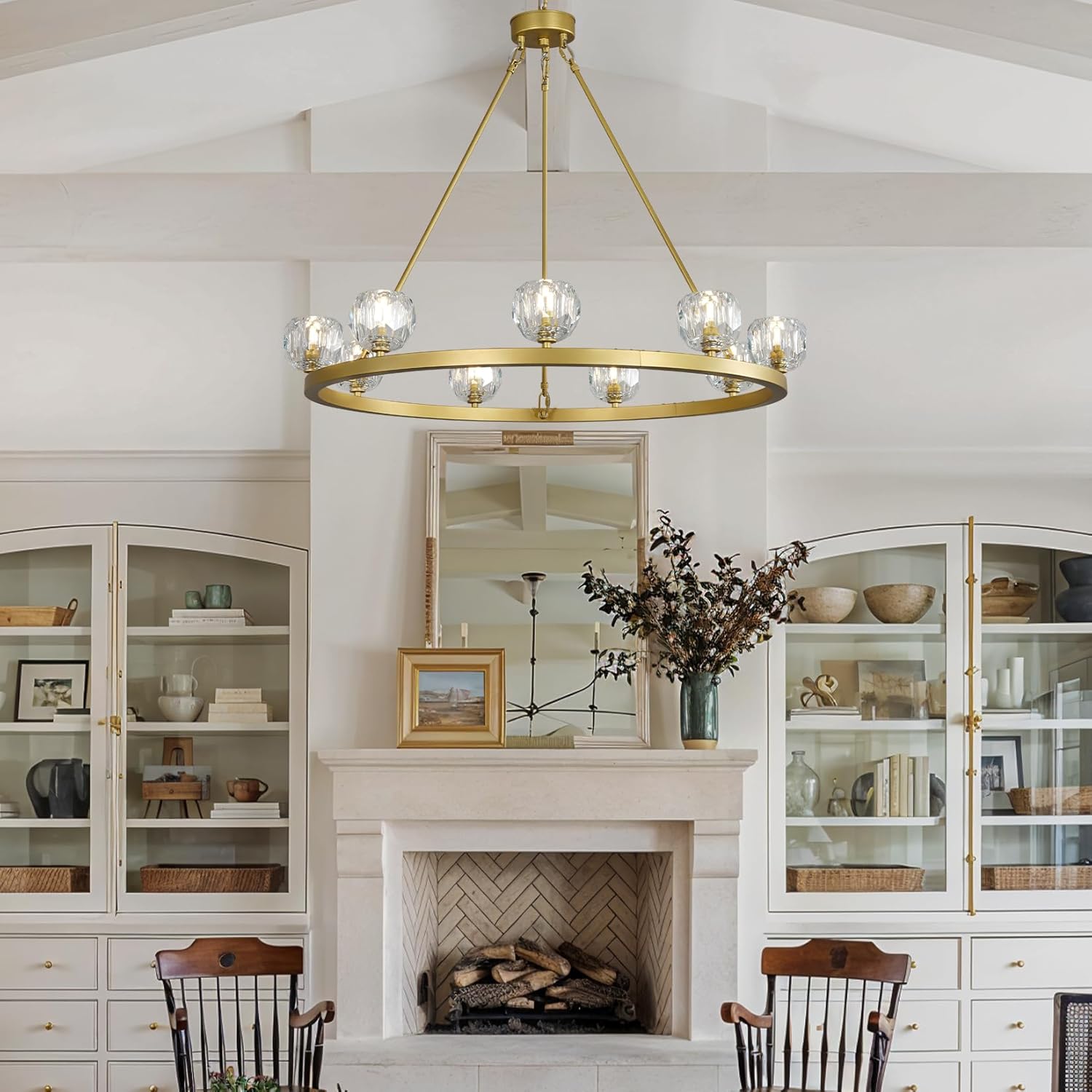 Gold Wagon Wheel Chandelier – 36" 9-Light Crystal Fixture for Modern Homes