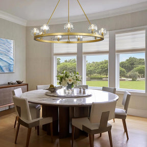 Gold Wagon Wheel Chandelier – 36" 9-Light Crystal Fixture for Modern Homes