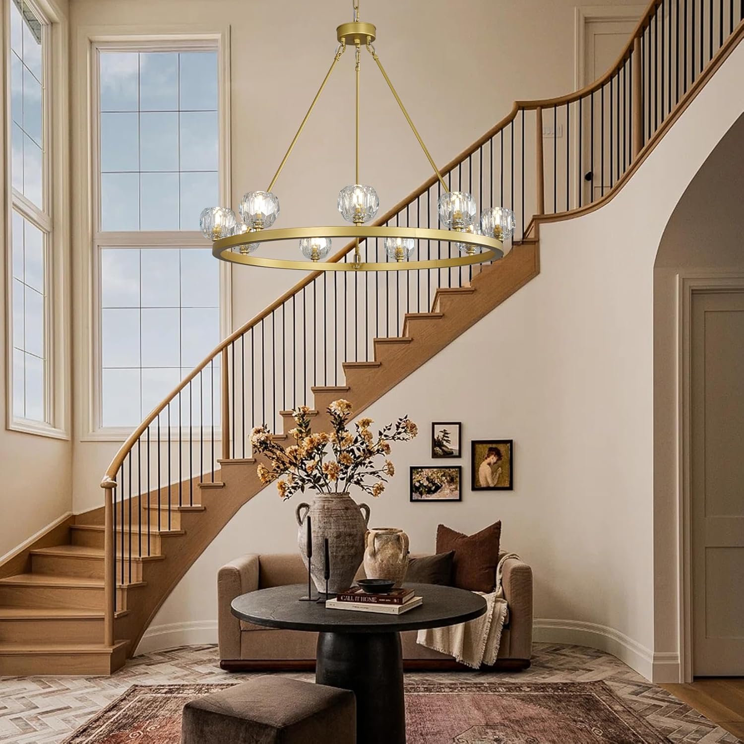 Gold Wagon Wheel Chandelier – 36" 9-Light Crystal Fixture for Modern Homes