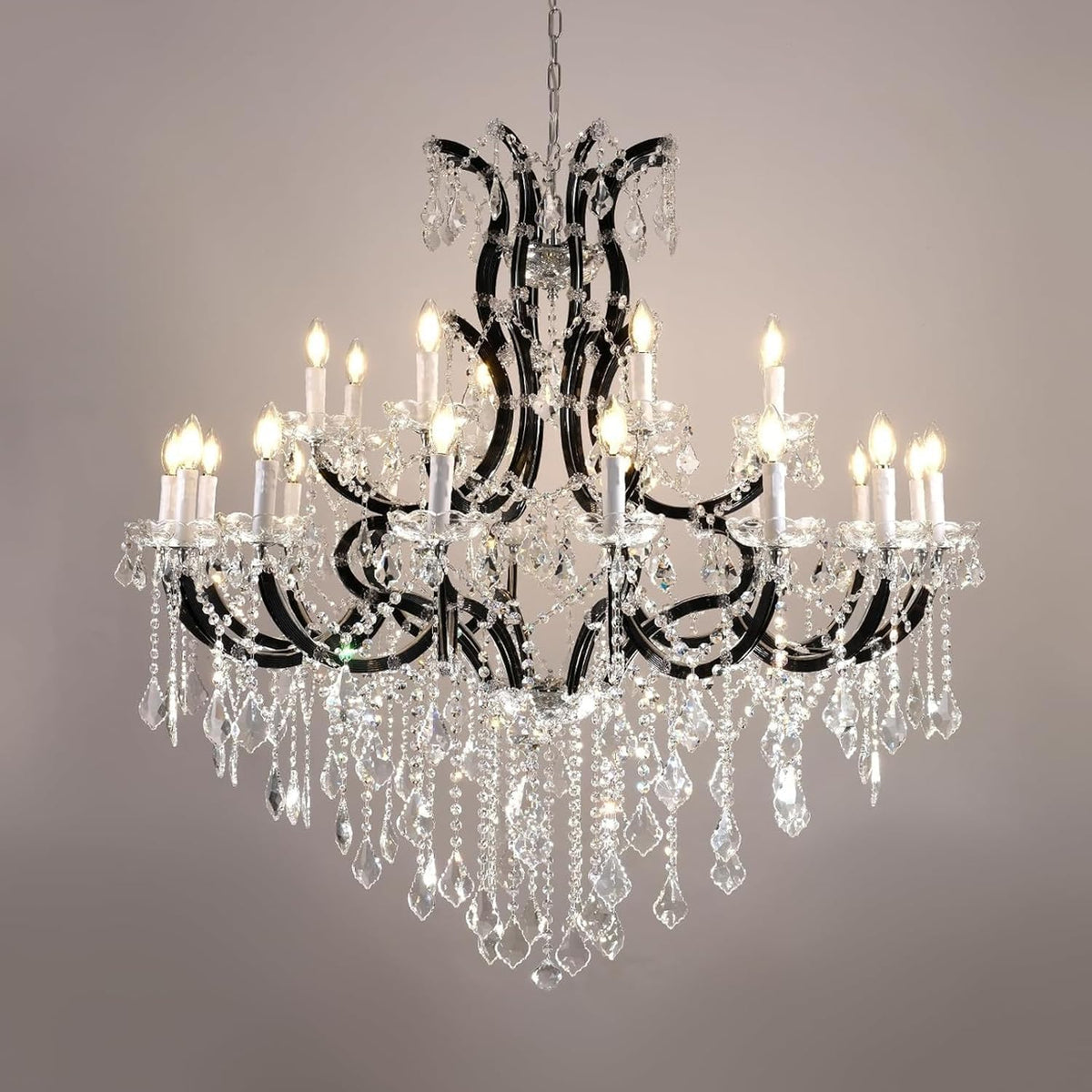 Grand Black Crystal Chandelier: 24-Light Modern Fixture for High Ceilings