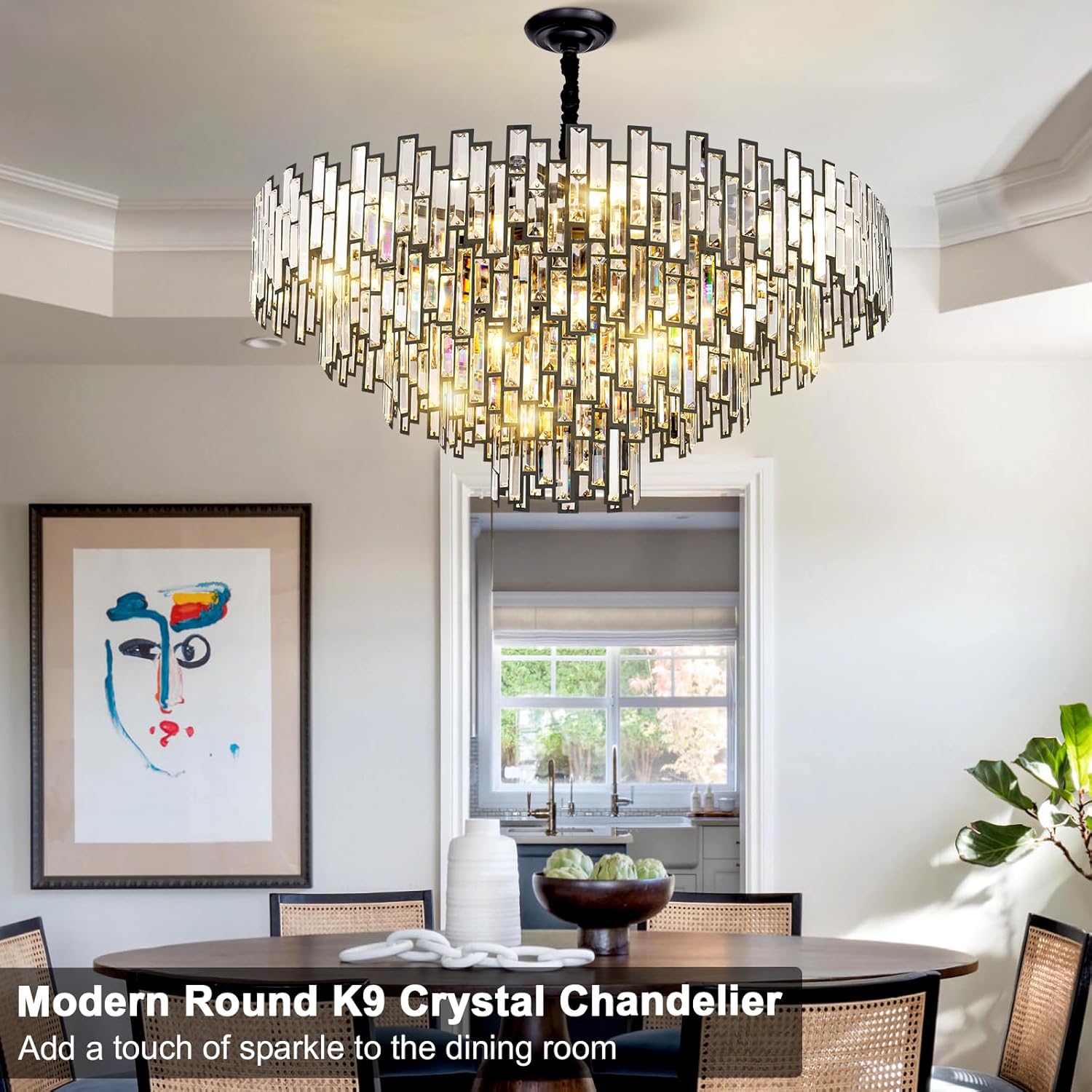 Grand Black Crystal Chandelier: 5-Tier Modern Round K9 Pendant Light for High Ceilings